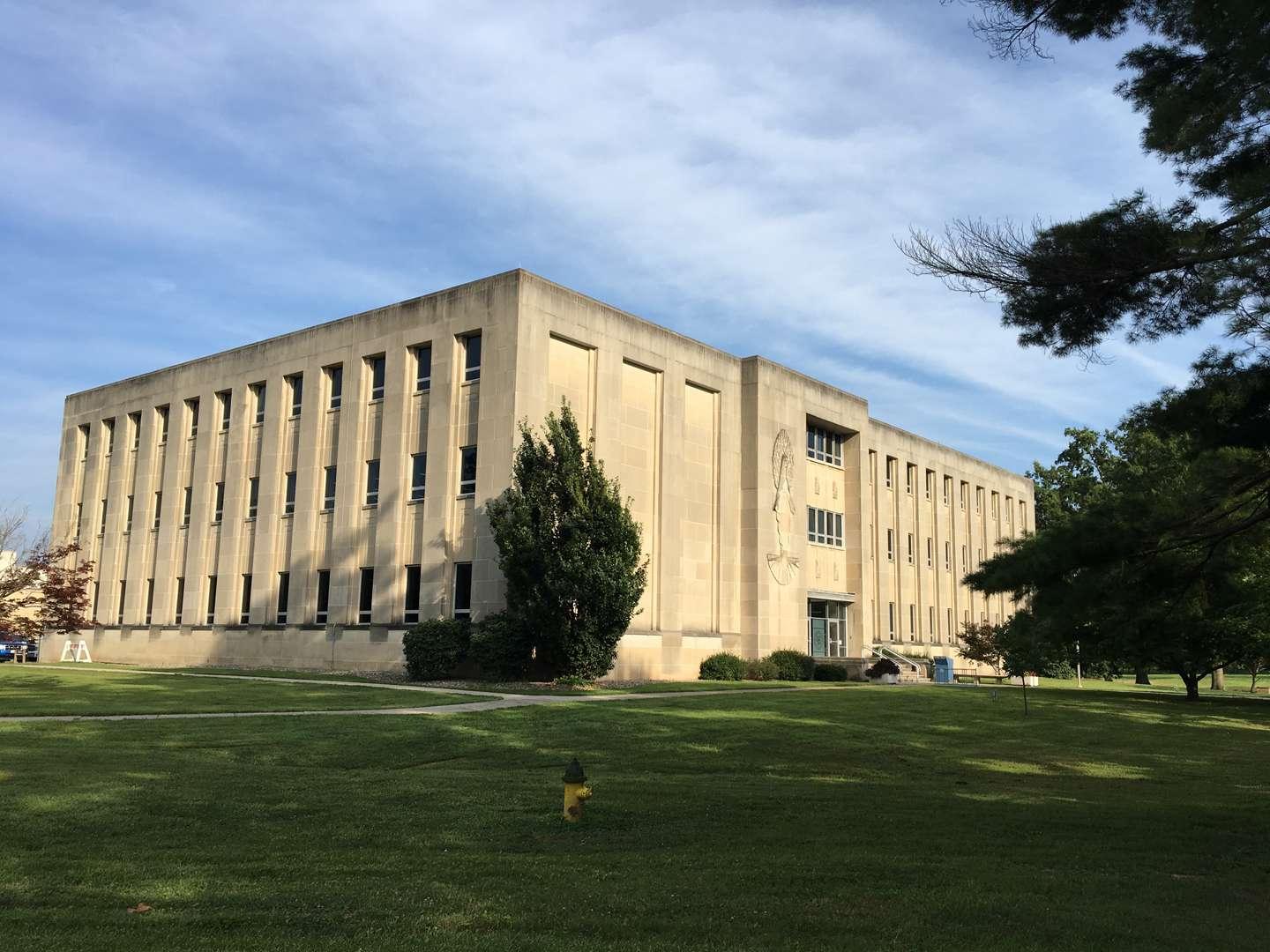 The library with a blue sky in the background